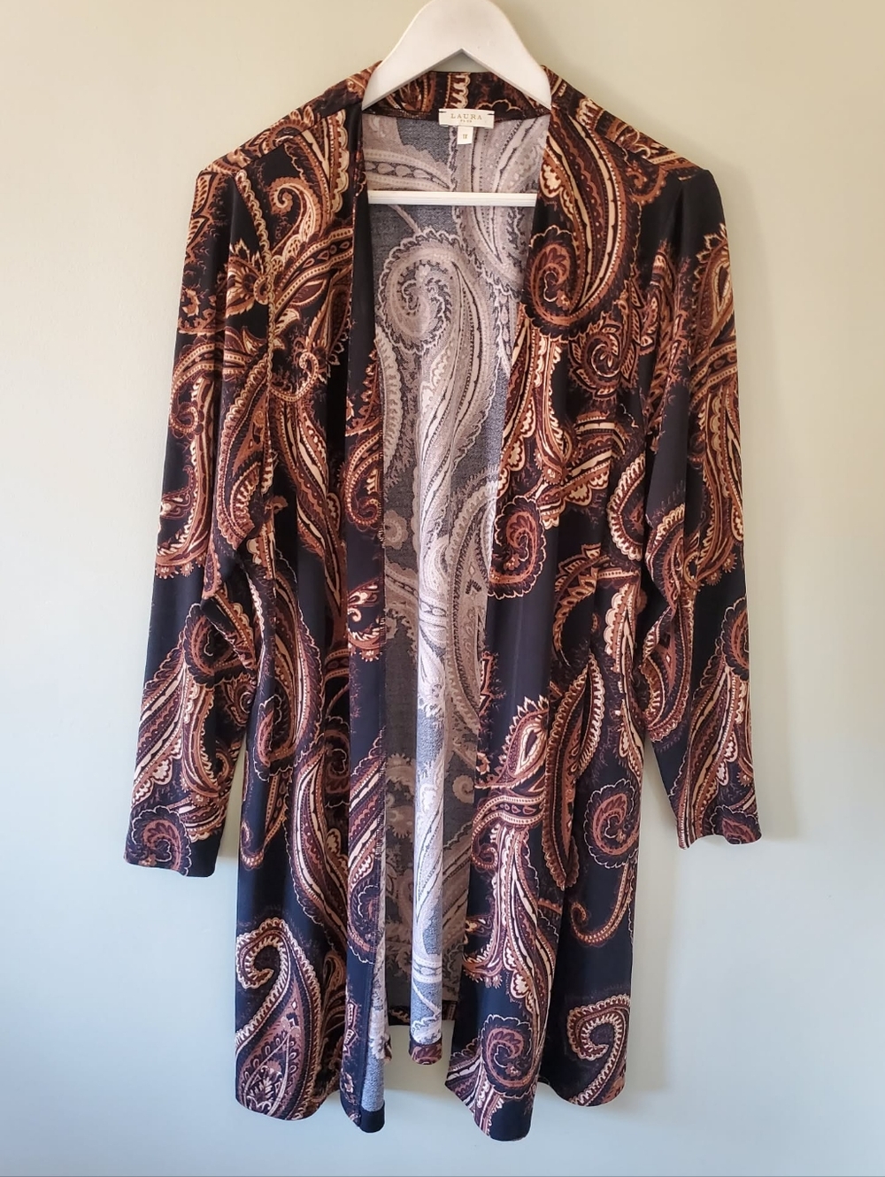 Laura 1X Modern Bohemian Hippie Resortwear Earthy Paisley Silk Knit Long Kimono - Picture 2 of 12